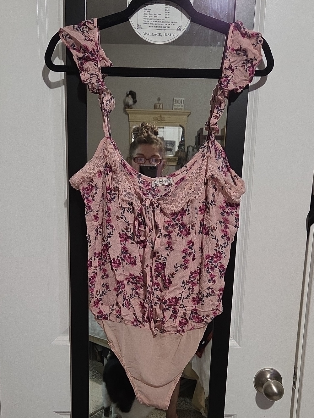 Floral Lace-Trim Pink Tie-Front Bodysuit with Ruffled Straps